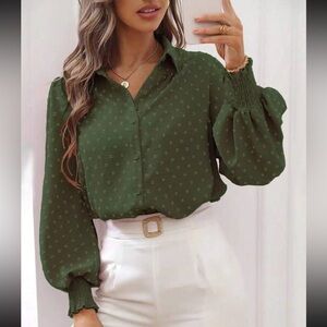 Luxe Swiss dot lantern sleeve button down blouse